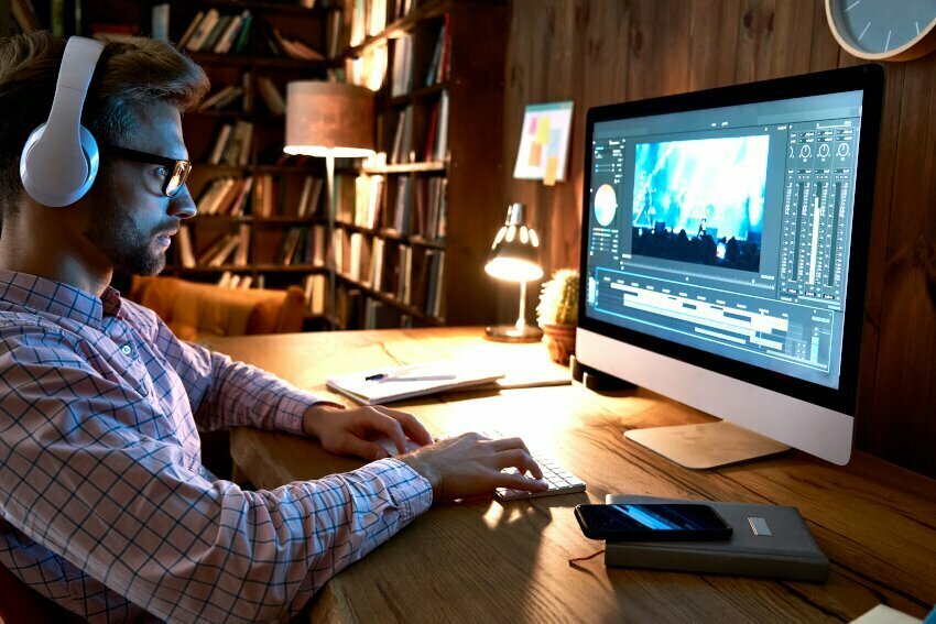 Male videographer editor using pc computer editing footage at home office.